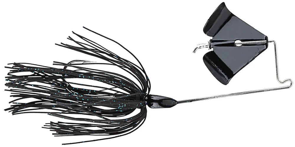 The Accent Jacob Wheeler Finesse Buzzbait is a black fishing lure with a skirt of thin, flexible strands and a metal wire frame, featuring a propeller-like blade near the hook for effective performance.
