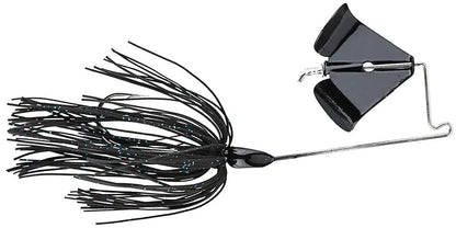 The Accent Jacob Wheeler Finesse Buzzbait is a black fishing lure with a skirt of thin, flexible strands and a metal wire frame, featuring a propeller-like blade near the hook for effective performance.