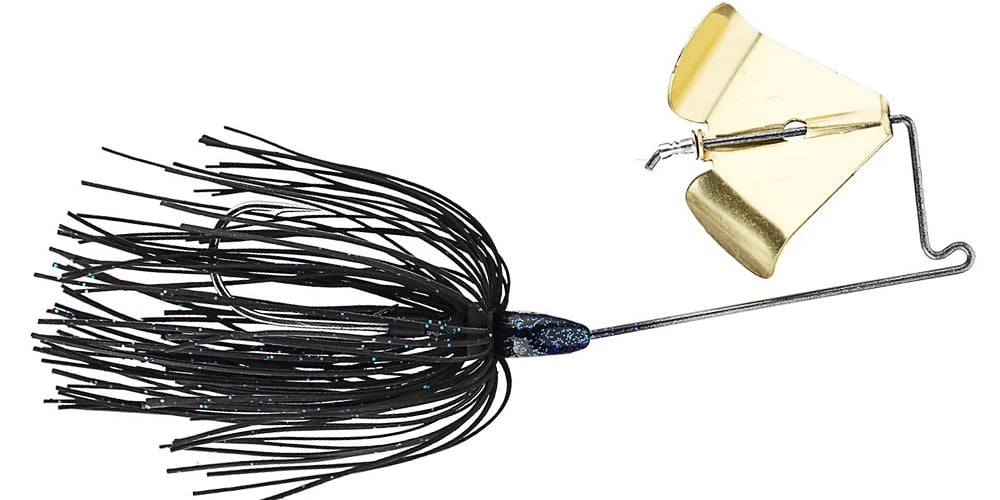 The Accent Jacob Wheeler Finesse Buzzbait features a gold metal blade, strong wire arm, and a black and blue synthetic skirt—built by Accent to perform well in many fisheries.