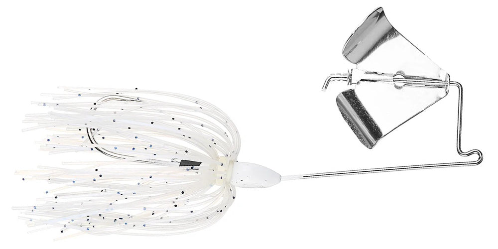 The Accent Jacob Wheeler Finesse Buzzbait by Accent features a metal wire frame, a large silver blade, and a white skirt with black specks—perfect for attracting fish in multiple fisheries.