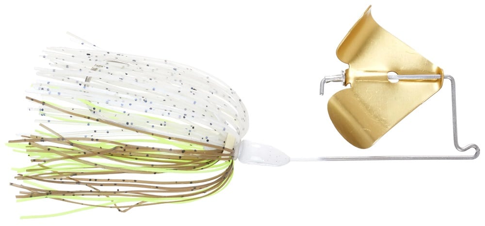 The Accent Jacob Wheeler Finesse Buzzbait by Accent features a gold metal blade and a skirt with white, brown, green, and glitter strands on a bent wire arm.