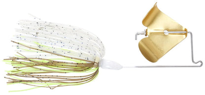 The Accent Jacob Wheeler Finesse Buzzbait by Accent features a gold metal blade and a skirt with white, brown, green, and glitter strands on a bent wire arm.