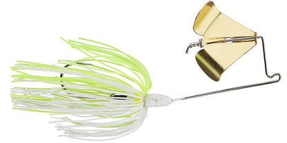 The Accent Jacob Wheeler Finesse Buzzbait by Accent is a gold metal fishing lure featuring a wire frame, rotating propeller blade, and skirted strands in white and light green—ideal for pressured fisheries.