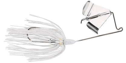 The Accent Jacob Wheeler Finesse Buzzbait is a white fishing lure with a metal blade, wire frame, and white skirt strands, expertly crafted by Accent to attract fish in various fisheries.