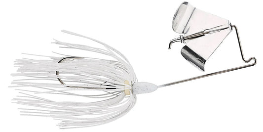 The Accent Jacob Wheeler Finesse Buzzbait is a white fishing lure with a metal blade, wire frame, and white skirt strands, expertly crafted by Accent to attract fish in various fisheries.