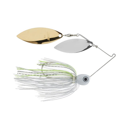 The Accent Jacob Wheeler Double Crossbone Spinnerbait features dual metallic blades—one gold, one silver—on a wire arm, with a gray fish-like head and visible eye. Its white and green skirt makes it ideal for experienced spinnerbait fishermen seeking inspiration from Accent's design.