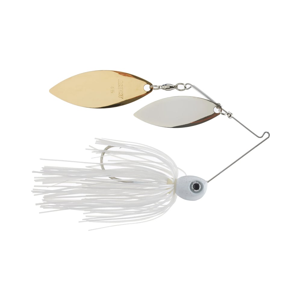 The Accent Jacob Wheeler Double Crossbone Spinnerbait, preferred by spinnerbait fisherman Jacob Wheeler, features a white skirt and sharp hook. Its two metallic blades—gold and silver—on a wire arm mimic prey to attract more fish effectively.