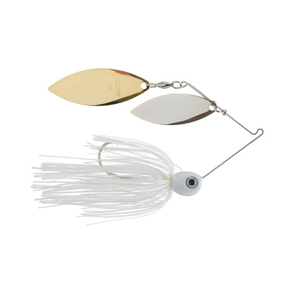 The Accent Jacob Wheeler Double Crossbone Spinnerbait, preferred by spinnerbait fisherman Jacob Wheeler, features a white skirt and sharp hook. Its two metallic blades—gold and silver—on a wire arm mimic prey to attract more fish effectively.