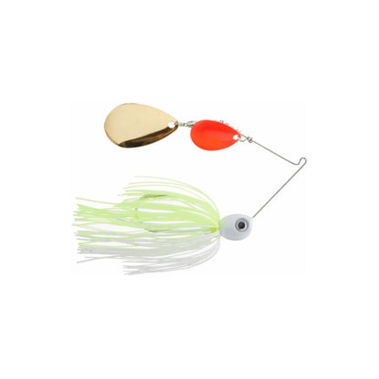 Introducing the Accent Jacob Wheeler Spring Ding Spinnerbait, equipped with an orange kicker blade and vibrant green and white tassels. This innovative lure uses lively movements and vivid colors to attract fish, making it a must-have for any fishing spot.