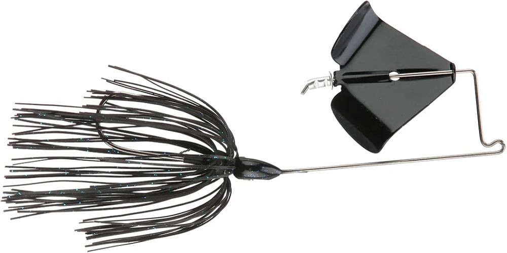 The Accent Jacob Wheeler Original Buzzbait by Accent is a black buzzbait with a metal wire frame, skirted tail, and top propeller blade—designed to attract fish like those favored by pro angler Jacob Wheeler.
