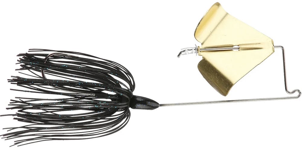 The Accent Jacob Wheeler Original Buzzbait is a black fishing lure with a gold angled blade, wire frame, black rubber skirt strands, and a Soft Plastic Keeper—designed to attract fish like pro angler Jacob Wheeler.