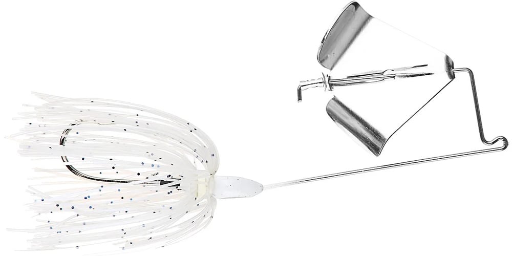 The Accent Jacob Wheeler Original Buzzbait by Accent is a white fishing lure with a metal wire frame, skirted body, and silver propeller blade, featuring a Soft Plastic Keeper inspired by pro angler Jacob Wheeler.