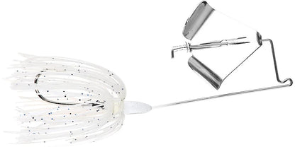 The Accent Jacob Wheeler Original Buzzbait by Accent is a white fishing lure with a metal wire frame, skirted body, and silver propeller blade, featuring a Soft Plastic Keeper inspired by pro angler Jacob Wheeler.