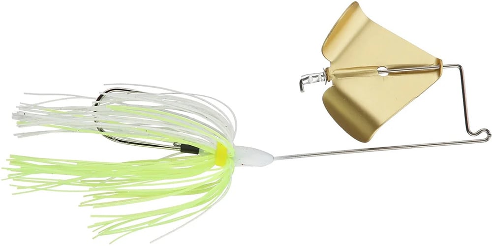 The Accent Jacob Wheeler Original Buzzbait by Accent features a metal wire frame, gold blade, white and yellow skirt, and a Soft Plastic Keeper to secure bait, all designed to mimic prey and attract fish.