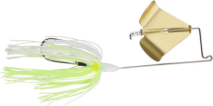 The Accent Jacob Wheeler Original Buzzbait by Accent features a metal wire frame, gold blade, white and yellow skirt, and a Soft Plastic Keeper to secure bait, all designed to mimic prey and attract fish.