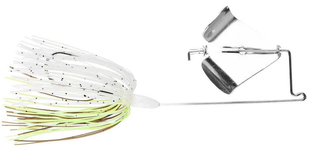 The Accent Jacob Wheeler Original Buzzbait by Accent features a white, green, and brown skirt, a large silver blade on a bent wire frame, and a Soft Plastic Keeper for secure bait attachment.