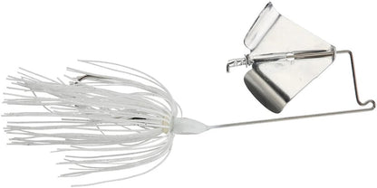 The Accent Jacob Wheeler Original Buzzbait is a metal fishing lure with a white skirt, wire arm, Soft Plastic Keeper, and large silver spinner blade—just the way pro angler Jacob Wheeler likes it.