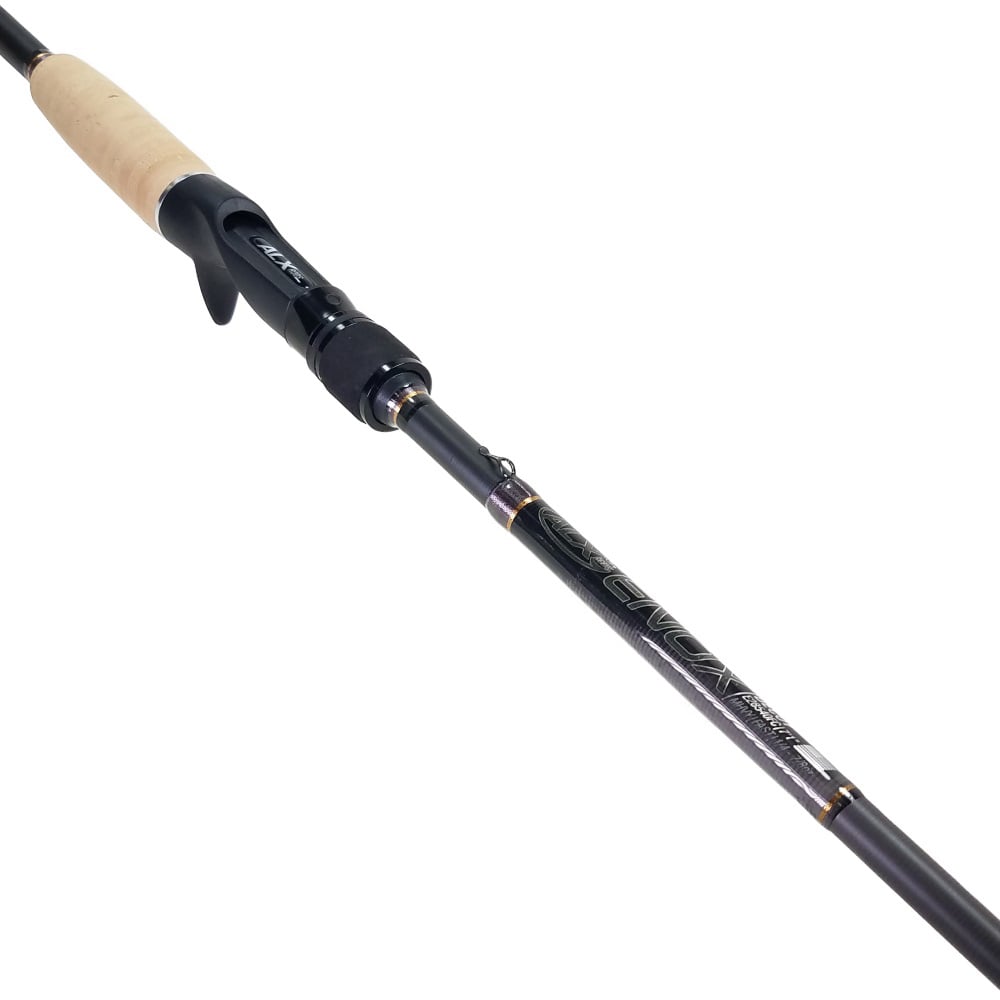 The ALX ENOX Casting Rod Hunch 7'0" Medium (E28430FC) features a cork handle and black reel seat, offering detailed labeling and craftsmanship in a sleek, modern design. Made with premium Toray Carbon Fiber for enhanced performance.