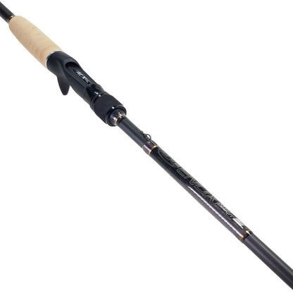 Close-up of the ALX ENOX Casting Rod LSB 7'5" Medium Heavy+ | E28945FC, featuring a sleek black design with a beige handle, perfect for tournament anglers. The white brand logo and model name are visible, along with a lightweight reel seat and ergonomic guides.