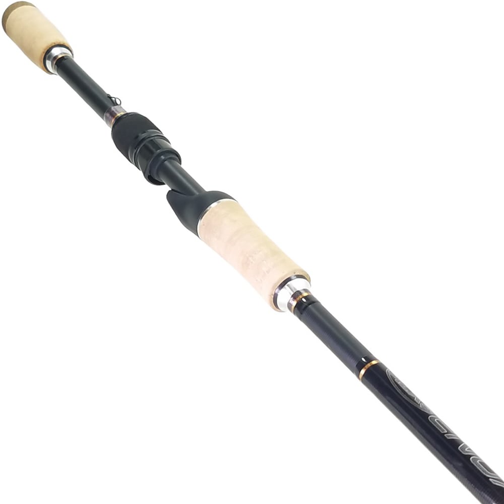 A close-up of the ALX ENOX Spinning Rod Wizard 7'2" Medium | E28630FS shows a black shaft with cork handle, sleek design, fast tip for finesse techniques, visible reel seat and guides, set against a plain white background.
