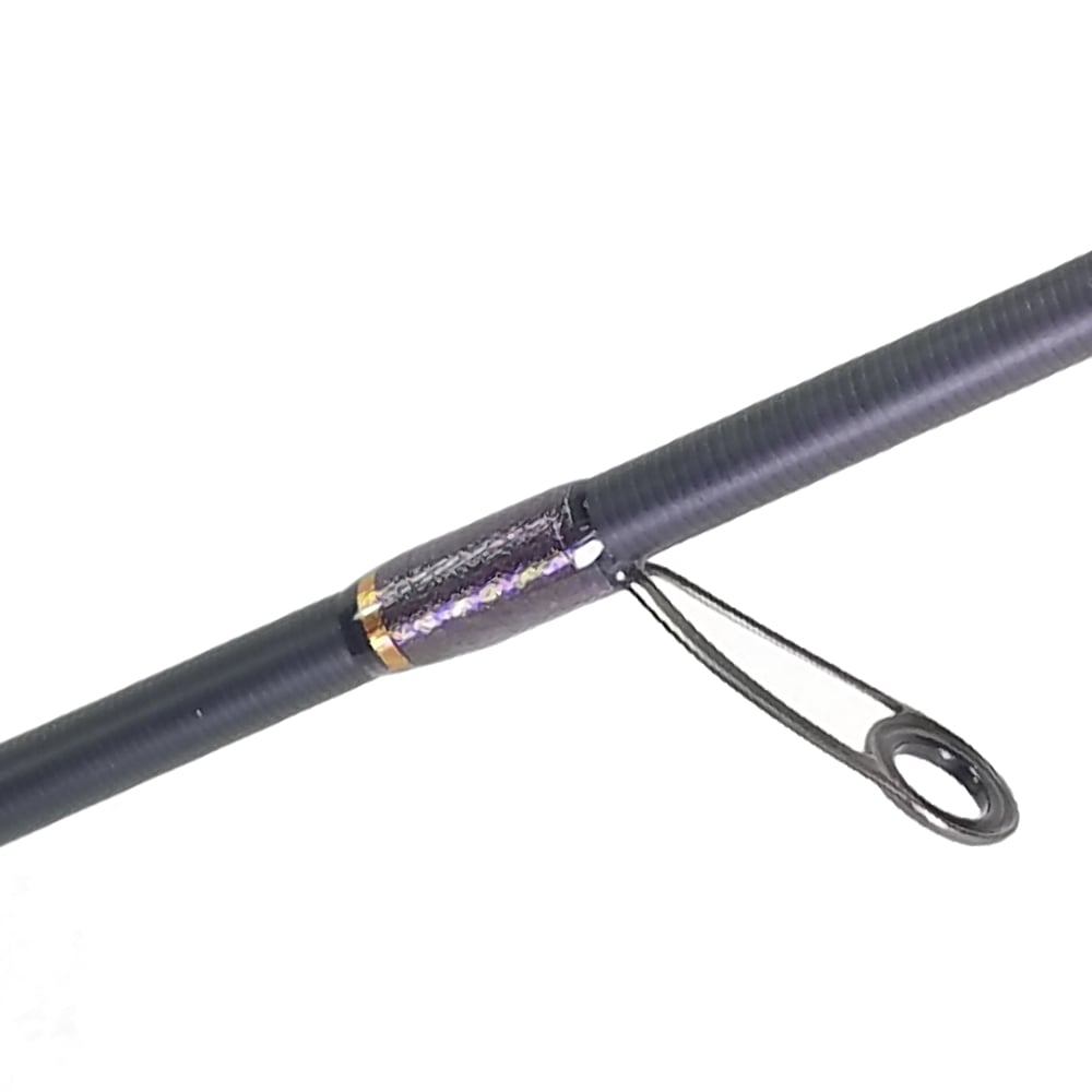 The ALX ENOX Spinning Rod Wizard 7'2" Medium | E28630FS boasts a black design with a textured grip and guide ring, ideal for finesse techniques. Its sleek dark finish and subtle reflective pattern near the fast tip make it perfect for precision fishing.