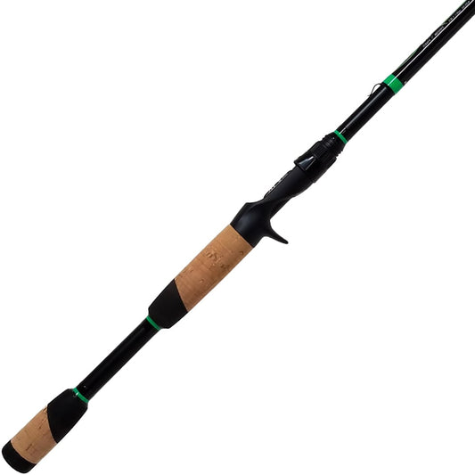 The ALX IKOS Casting Rod Diver 7'9" Heavy | IC93M5 has a sleek black design with cork handles and green accents, ideal for bass fishing crankbait. It includes a trigger grip for comfort and is perfect for baitcasting. The rod is shown against a plain white background.