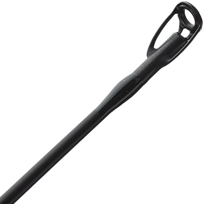 Close-up of a black bass fishing rod tip featuring a guide ring. The glossy finish shows off the smooth texture and precision construction of the ALX IKOS Casting Rod Promise 7 7'0" Medium Heavy | IC84F4, with its sturdy guide designed to hold the line securely.