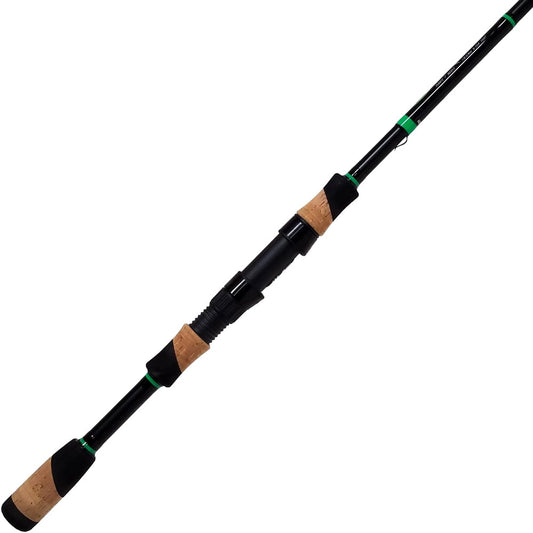 The ALX IKOS Spinning Rod Soul 73, a black 7'3" spinning rod with cork handles and green accents, offers medium power and fast action, showcased horizontally for design and grip highlight.