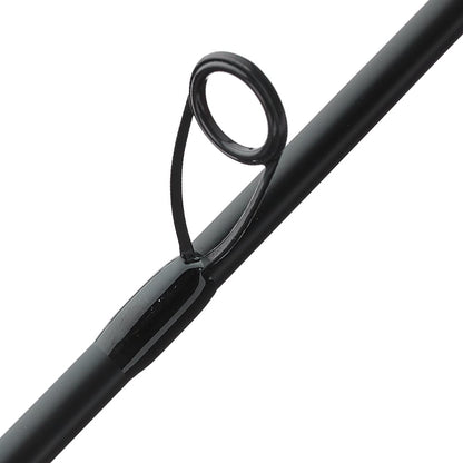 The ALX IKOS Spinning Rod Shake 7'0" Medium Light IS84F2 showcases a black matte finish with a single circular line guide, secured by black wraps for fast action precision, against a white background that highlights its intricate details.