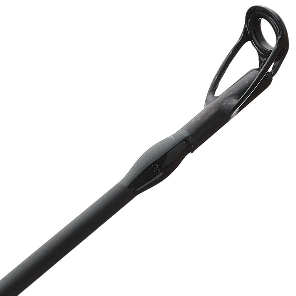 Close-up of the ALX IKOS Spinning Rod Soul 73 (7'3" Medium | IS87F3) tip, featuring a fast action guide—a circular loop for steering the line. The sleek black medium power rod glistens, its shiny finished guide enhancing its allure.