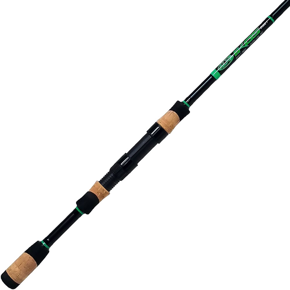 The ALX IKOS Spinning Rod Soul 73 IS87F3 offers a medium power, fast action experience with its black body, green accents, cork handle grips, and ergonomic design for easy grip.