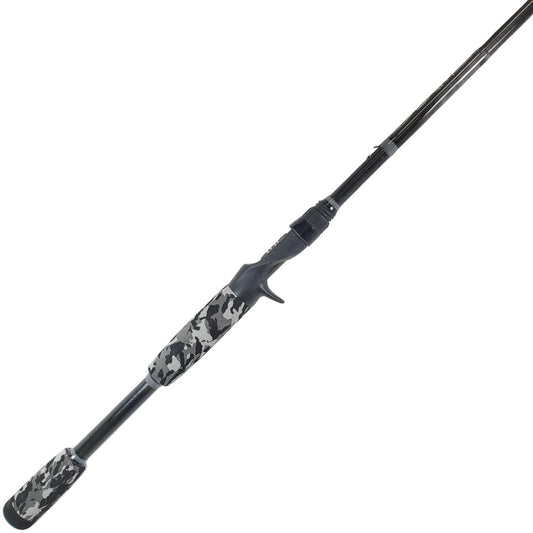 Introducing the ALX Oxim Casting Rod Agent 7'1" Medium Heavy (XM40F85C), featuring a dark-colored handle with a black, gray, and white camouflage pattern. Perfect for bass fishing enthusiasts, it includes a reel seat and trigger grip for enhanced performance.