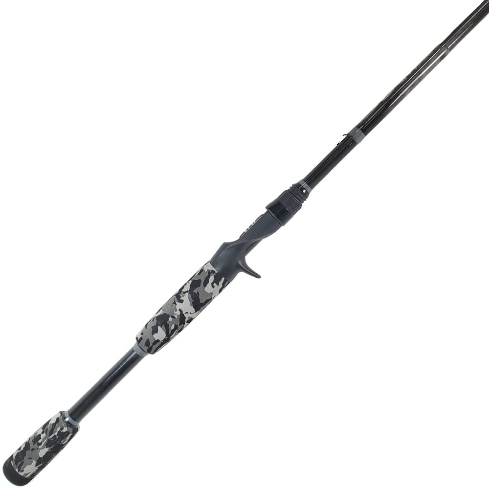 The ALX Oxim Casting Rod Smoker 7'5" Heavy | XM50F89C features a sleek black body with a camo-patterned handle and reel seat, ideal for bass fishing. Its ergonomic design and trigger grip provide comfort and control for targeting elusive catches.