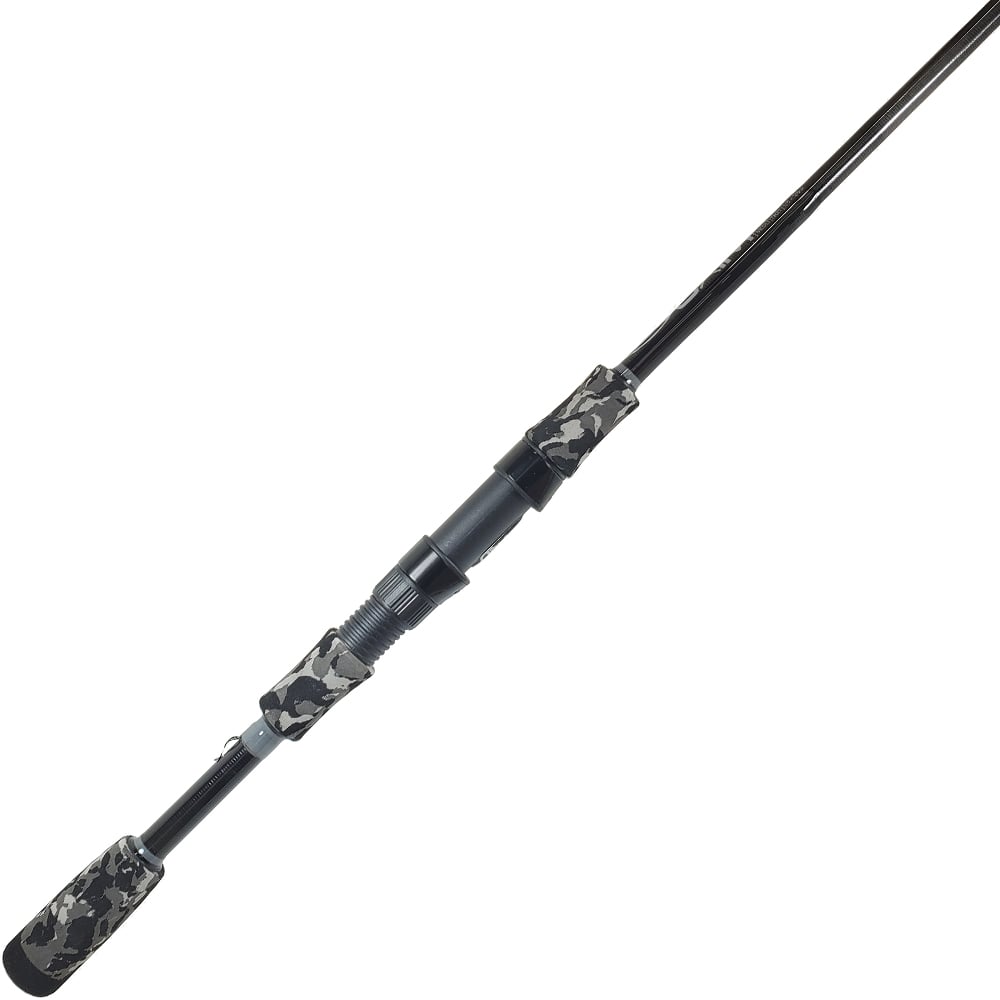 The ALX Oxim Spinning Rod Tremor 7'1" Medium Light | XM20F85S is ideal for bass fishing, with its black shaft and camouflage-patterned grips. This sleek rod offers medium light action, two split grip handles, a reel seat, and multiple guides for optimal performance.