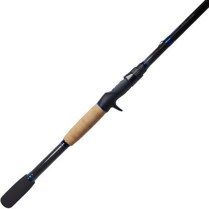 The ALX ZOLO Casting Rod Rumble 7'1" Heavy Glass features a black reel seat and handle, cork grip, tapering design, and blue accents—a perfect casting rod for dedicated anglers.