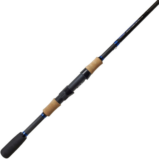 The ALX ZOLO Diplomat 6'10" Medium Light Spinning Rod, OBS-2-82XF, features a black and blue design with cork handles and a sleek black grip. It is presented diagonally across a white background.