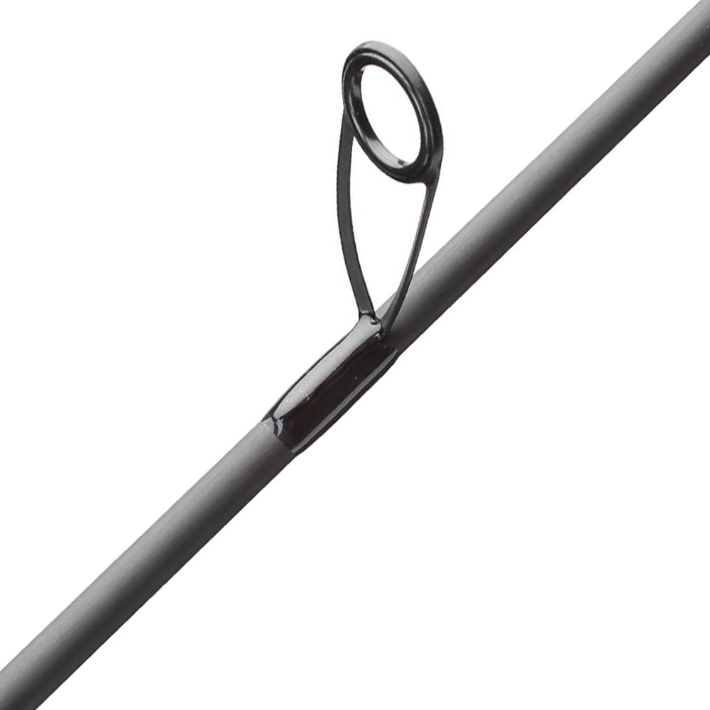 Close-up of the ALX ZOLO Spinning Rod Maestro 7'0" Medium Light+ (OBS-2.5-84F) guide with a metal loop for the line. The dark rod and wrapped guide are ideal for medium-light setups, set against a blurred white background.