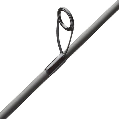 Close-up of a guide on the ALX ZOLO Spinning Rod McSmalls 7'6" Light+ | OBS-1.5-90F, featuring a circular metal ring attached securely to the smooth gray rod, ready for threading fishing line.