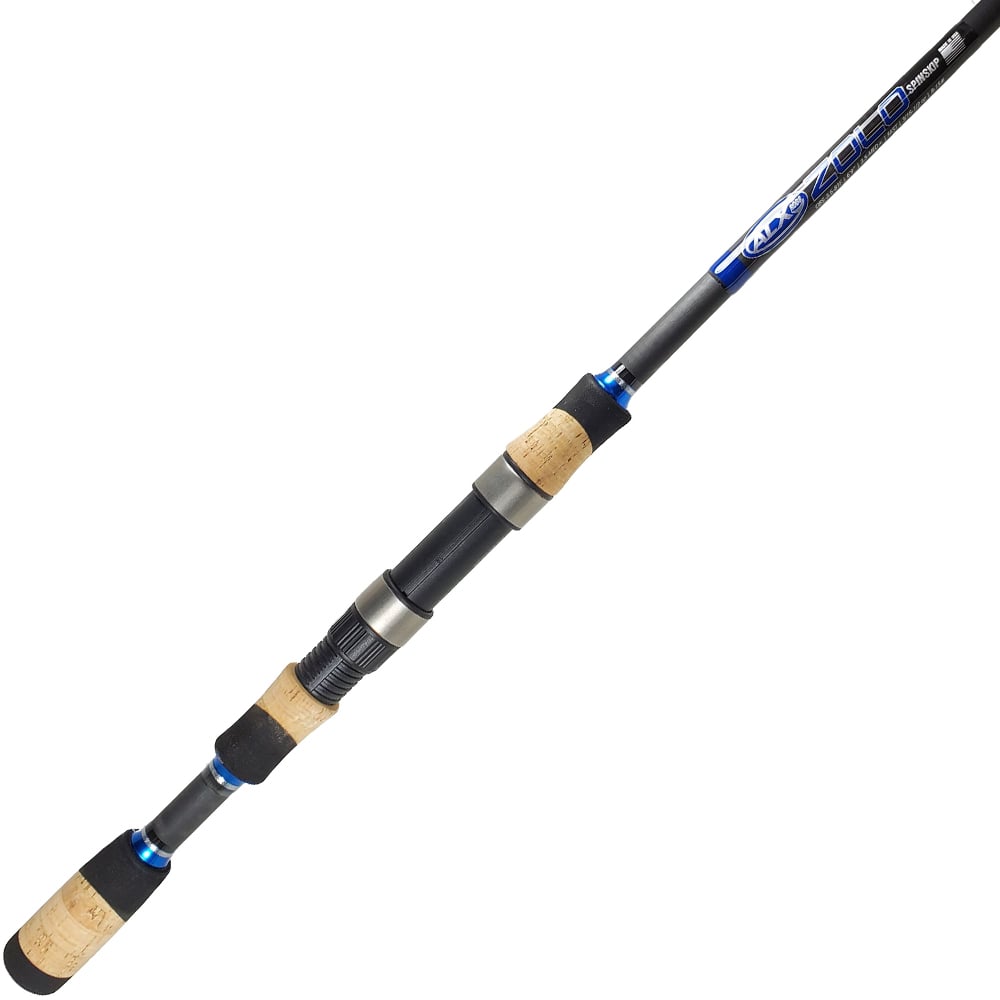 The ALX ZOLO SpinSkip 6'8" Medium+ spinning rod, with its sleek black design and blue accents, is ideal for bass fishing. It features cork handle grips with ergonomic sections for enhanced grip and comfort.