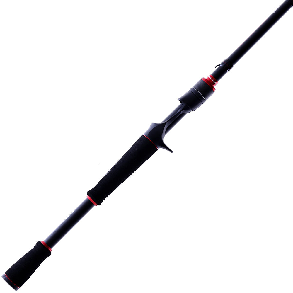 Introducing the Ark Fishing Invoker Pro 7'3" Medium Heavy Casting Rod, a sleek black carbon-fiber design with red accents. It offers medium-heavy action, a comfortable grip, and reel seat, expertly angled on a pristine white background.