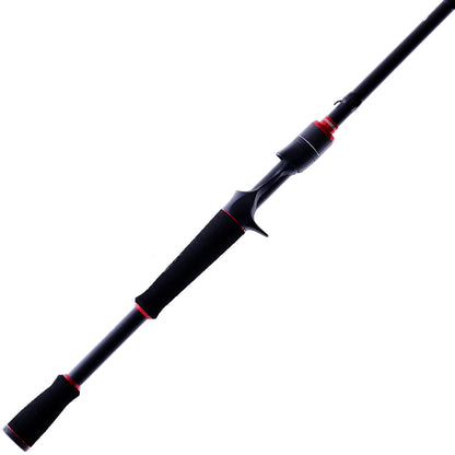 Introducing the Ark Fishing Invoker Pro 7'3" Medium Heavy Casting Rod, a sleek black carbon-fiber design with red accents. It offers medium-heavy action, a comfortable grip, and reel seat, expertly angled on a pristine white background.