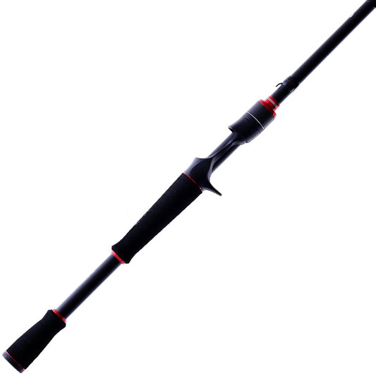 The Ark Fishing Invoker Pro Casting Rod 7'4" Mag Heavy (IVP74HFC) features a black carbon-fiber design with red accents, offering a comfortable grip and sleek look. Its diagonal angle showcases its craftsmanship, making it ideal for heavy cover challenges.