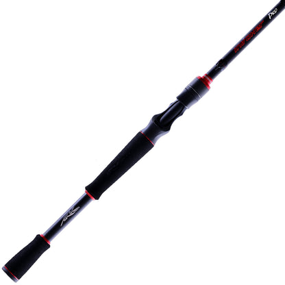 Introducing the Ark Invoker Pro Casting Rod 7'6" Extra Heavy | IVP76XHFC by Ark Fishing: a sleek black rod with red accents near the grip, modern aesthetics, and crafted with ARK High Pressure Carbon-Fiber Rolling Technology for exceptional strength and precision casting.