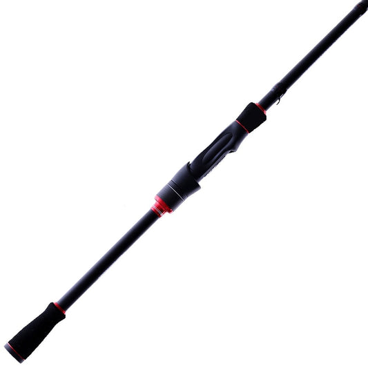 The Ark Invoker Pro Spinning Rod 7'1" Medium (IVP71MXS) by Ark Fishing boasts a black finish with red accents, a sleek handle, and lightweight carbon-fiber construction. Enhanced with a micro guide system, it is displayed diagonally on a plain white background.