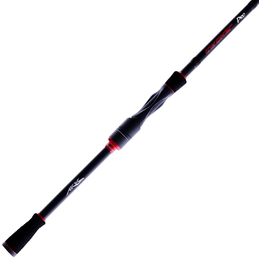 The Ark Invoker Pro Spinning Rod 6'10" Medium Light by Ark Fishing is a sleek black carbon-fiber rod with red accents and ergonomic grips. "Luna Sea" and "Pro" are displayed alongside the brand logo, featuring a micro guide system against a white background.