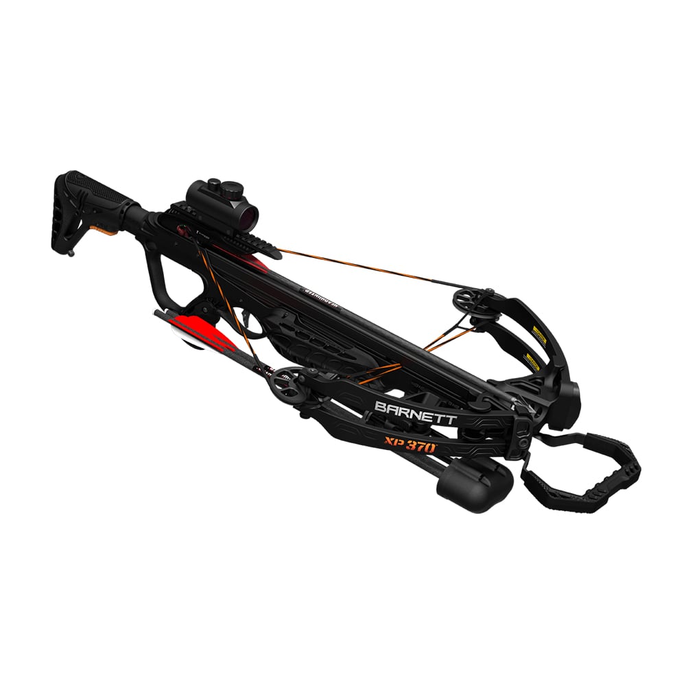 The Barnett Explorer XP370 Crossbow (BAR78152) by Barnett features a sleek black finish with orange accents, mounted scope, and foot stirrup—showcasing its strings, limbs, and trigger mechanism for precise, powerful hunting.
