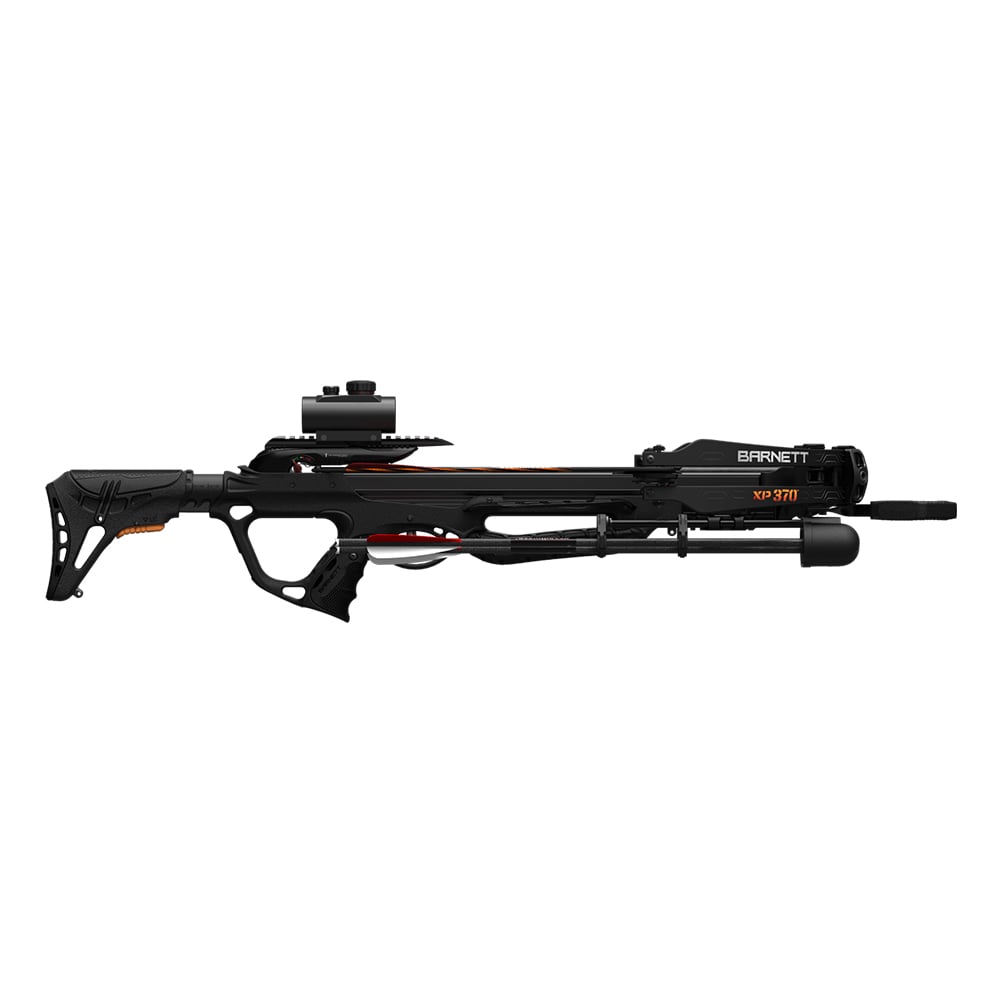 The Barnett Explorer XP370 Crossbow (BAR78152) by Barnett is a black, modern crossbow with scope, adjustable stock, and foot stirrup—perfect for hunting with precision and power.