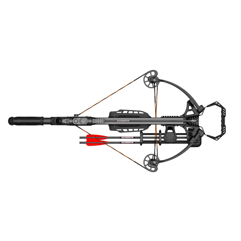 A Barnett Explorer XP370 Crossbow (BAR78152) by Barnett, featuring a modern black frame, orange strings, a mounted scope, and two red-fletched arrows secured below, shown from above on a white background.