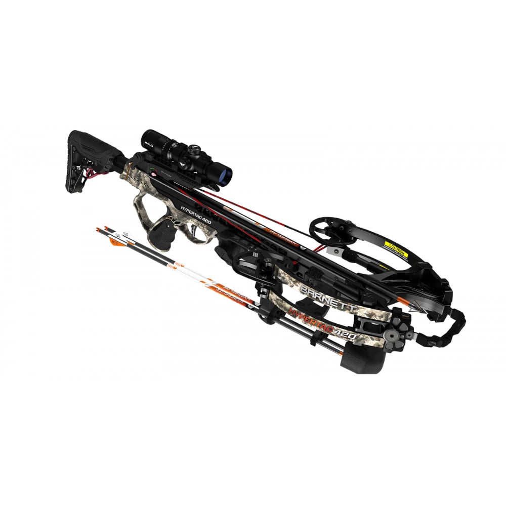 The Barnett Hypertac 420 Crossbow (BAR78009) by Barnett features a sleek black and camo finish, mounted scope, and two orange-and-white HyperFlite arrows attached below, highlighting its detailed mechanical design.