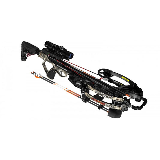 The Barnett Hypertac 420 Crossbow (BAR78009) by Barnett features a sleek black and camo finish, mounted scope, and two orange-and-white HyperFlite arrows attached below, highlighting its detailed mechanical design.